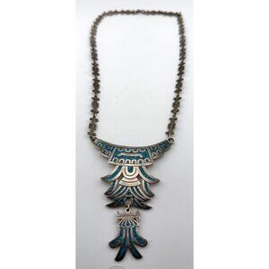 Vintage Mexican Sterling Turquoise Inlay Necklace – Modernist Statement Pendant